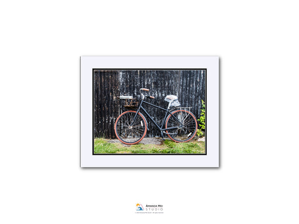 A vintage-style bicycle with a black frame and red wheels is parked against a wooden fence.