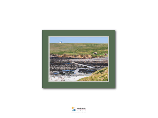 The image is a framed photograph of a coastal landscape, featuring a lighthouse on a hill, a rocky shoreline, and a path leading through the area.