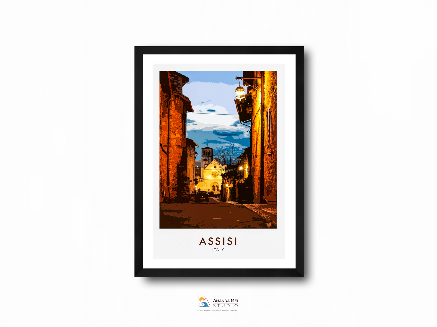 Night Stroll in Assisi Travel Poster - Assisi, Italy