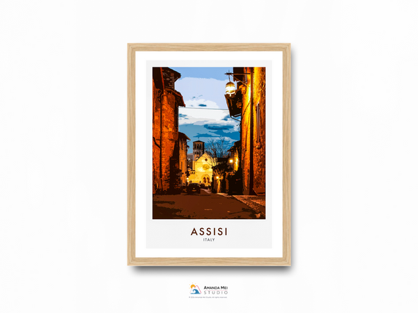 Night Stroll in Assisi Travel Poster - Assisi, Italy