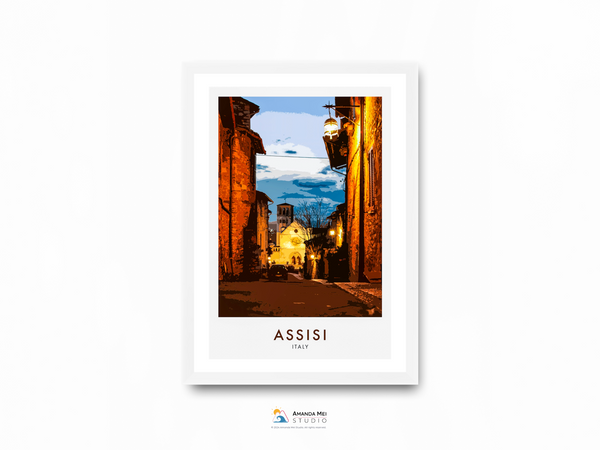 Night Stroll in Assisi Travel Poster - Assisi, Italy