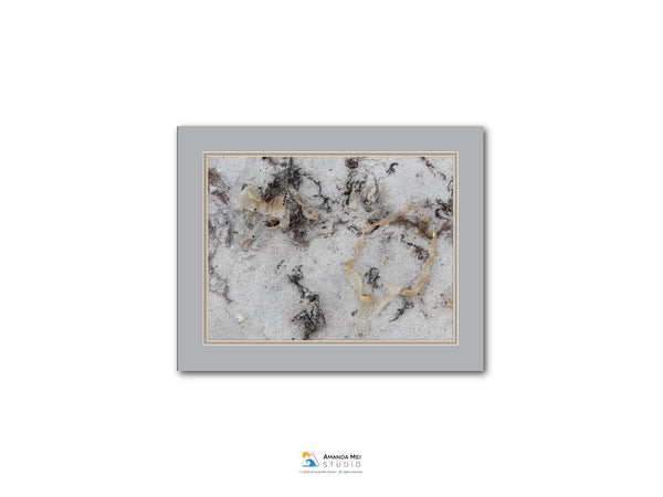 The image is a photograph of a sandy beach with a textured, rocky surface.