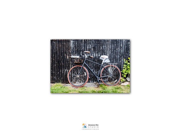 A black bicycle with red wheels is leaning against a black corrugated metal fence.