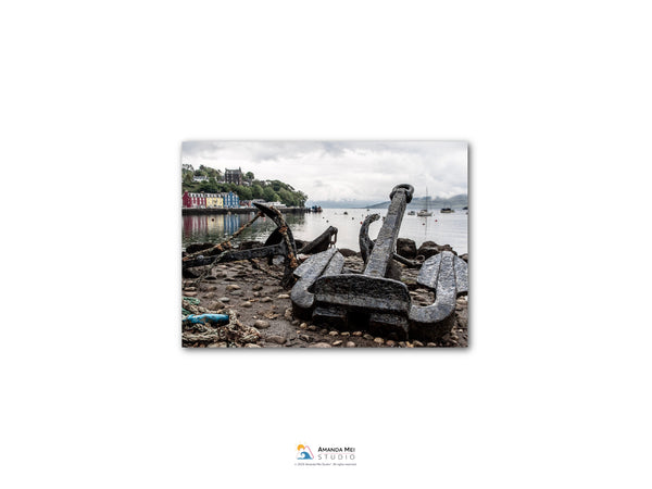 a rusty anchor on a rocky shore, with a body of water and buildings in the background.