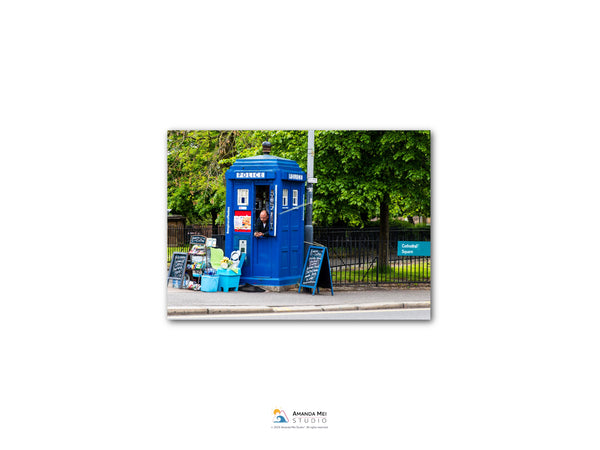 A blue telephone booth stands on a sidewalk, surrounded by trees and a fence.