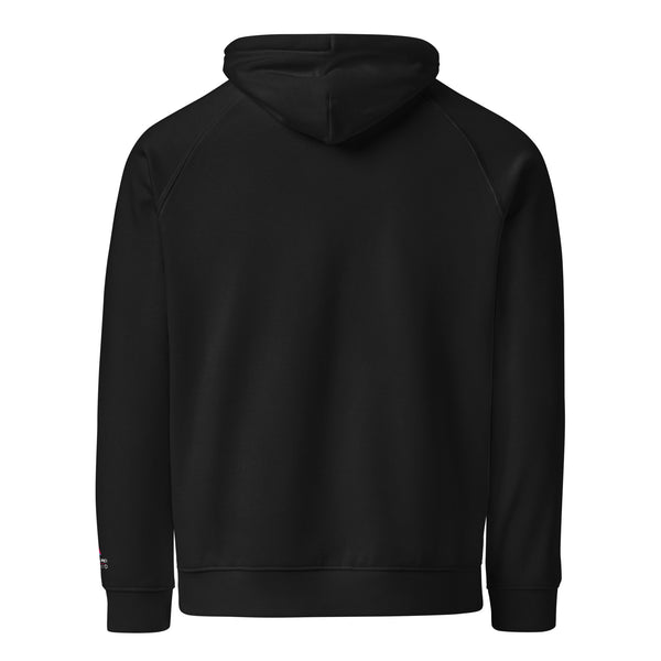 A black hooded sweatshirt with a simple design.