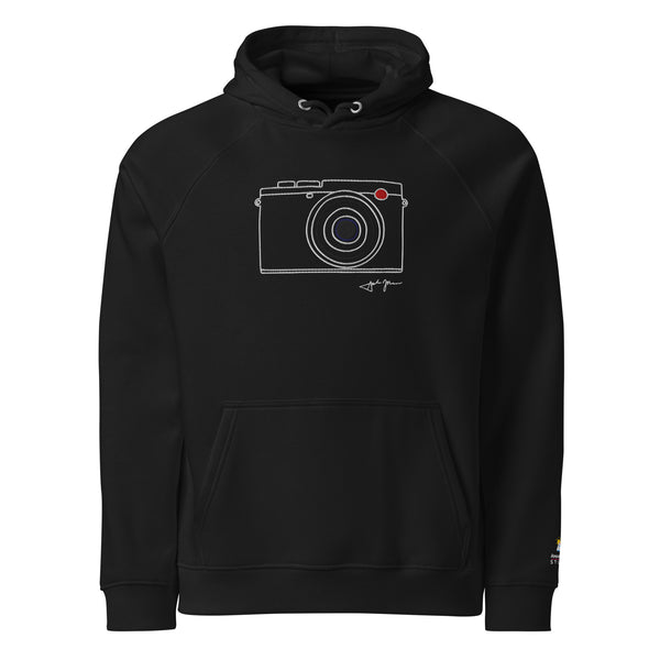 A black hoodie with a white graphic of a camera on the front.