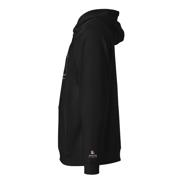 A black hooded sweatshirt with a logo on the left side.