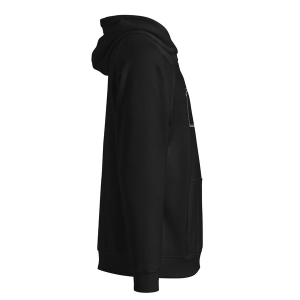 A black hooded sweatshirt with a hood and a small white logo on the left side.